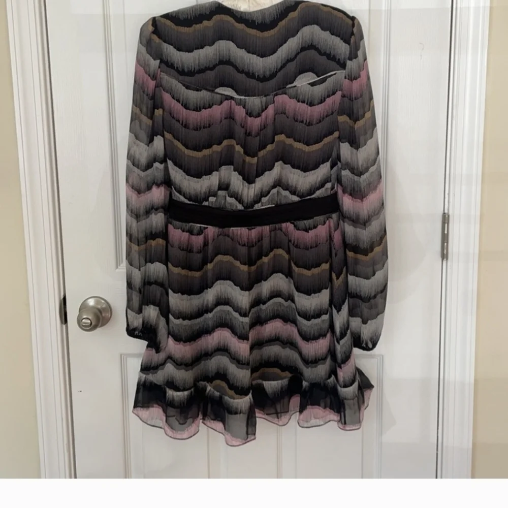 Multi- colored silk overlay printed v-neck dress - Picture 3 of 11